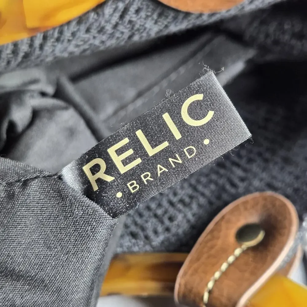 Relic‎ by Fossil Ring Handle Tote Black Woven Bag Brown Trim Tortoise Acrylic